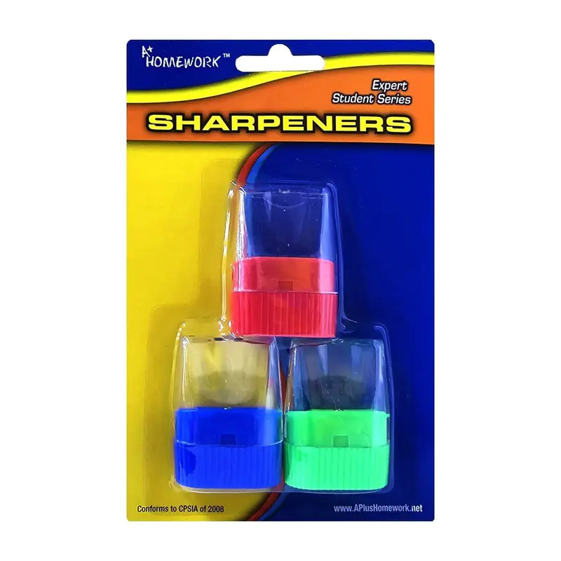 A+ Homework Triple-Pack Pencil Sharpeners – Assorted Primary Colors 1
