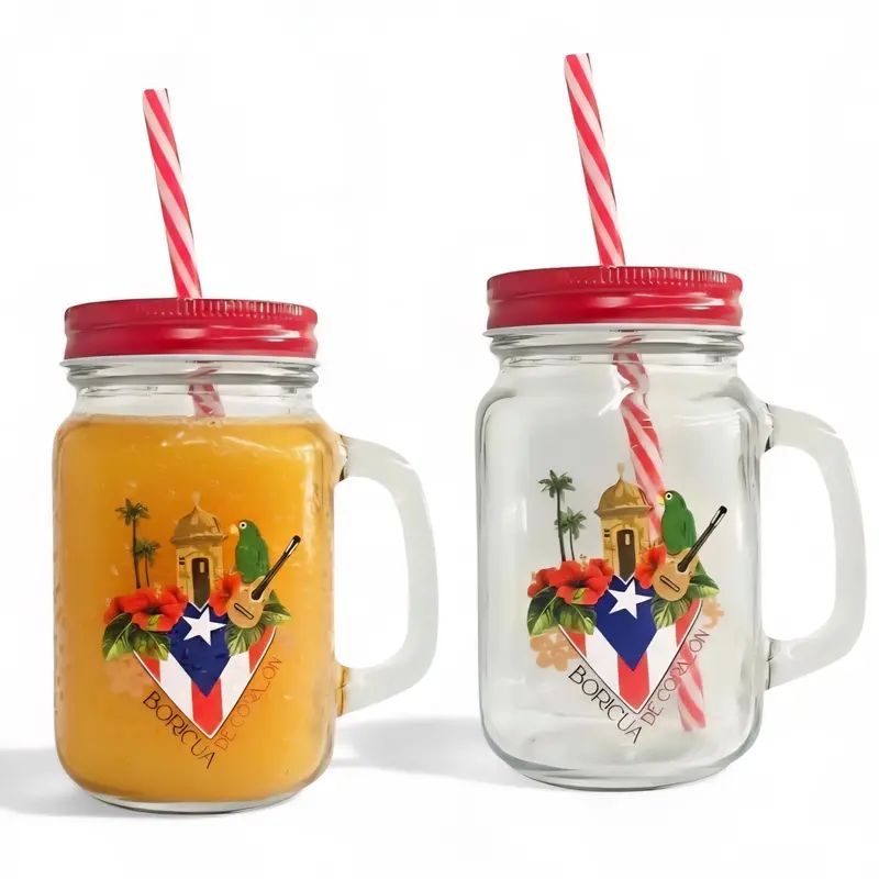 Boricua De Corazón Mason Jar – 16 Oz With Handle & Straw 1
