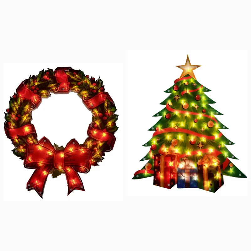 Glitter Glow Wreath And Tree Ornament Set – Battery-Powered Lighted Decor 1