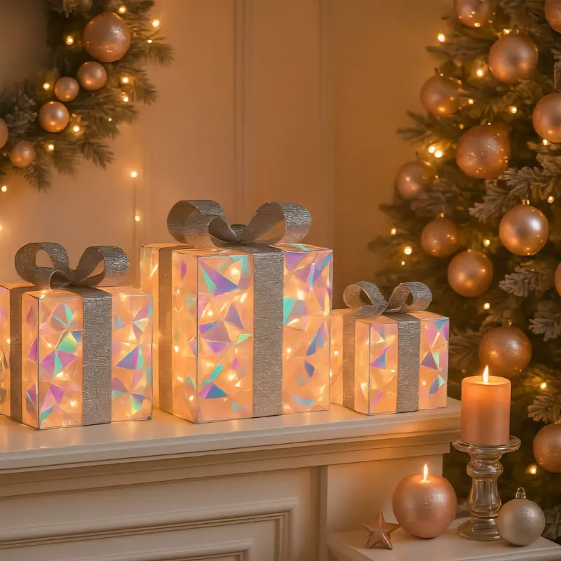 Iridescent And Silver Lighted Gift Ornaments – 3-Piece Decorative Set 1