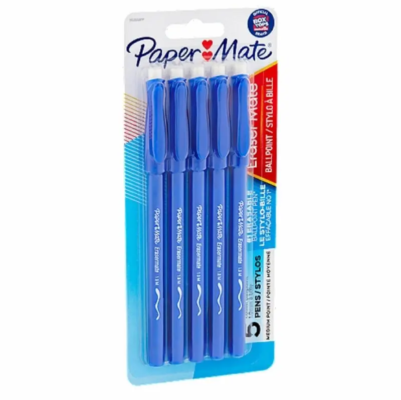 Papermate Eraser Mate Ballpoint Pens – Medium Point (1.0 Mm), Blue Ink, 5-Pack 1