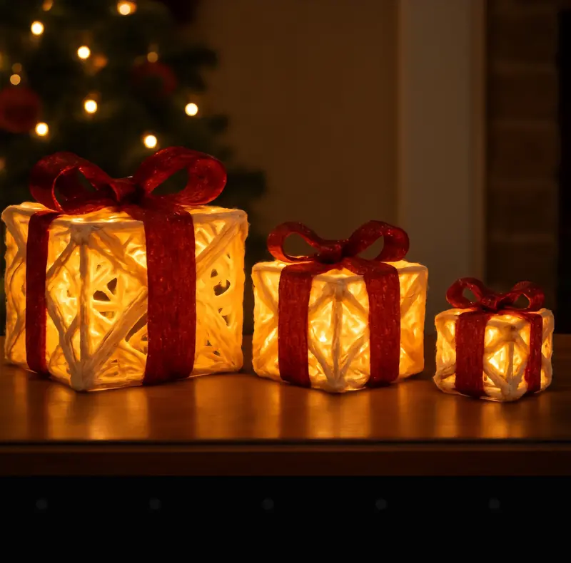 Red And Silver Lighted Gift Ornaments – 3-Piece Festive Decoration Set 1