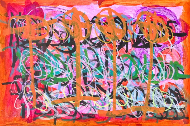 Vibrant Orange Blossoms On Pink & Green Background – Shawna Campbell Art 1