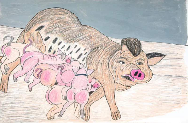 Whimsical Animal Illustration: Mama Pig And Piglets By Ronald Griggs 1
